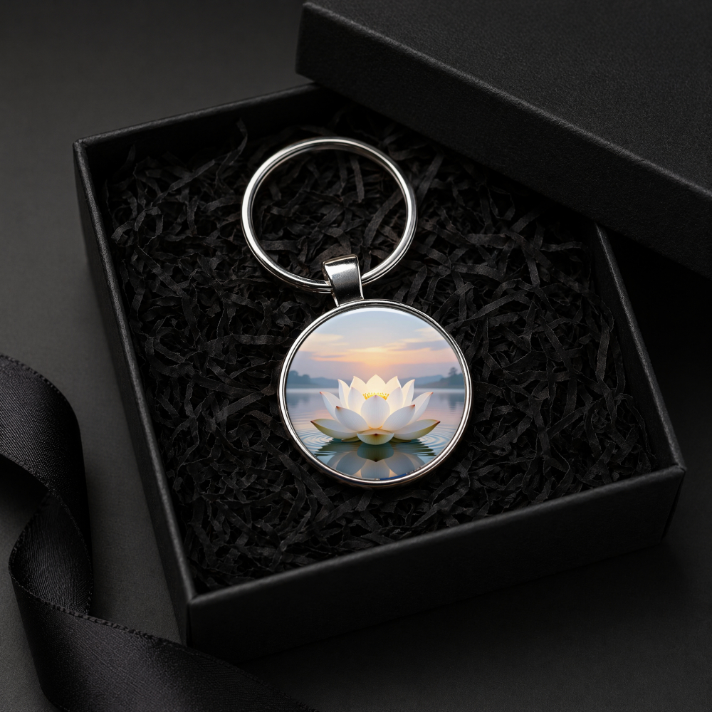 Fashionable Alloy Keychain with Lotus on Water at Sunset